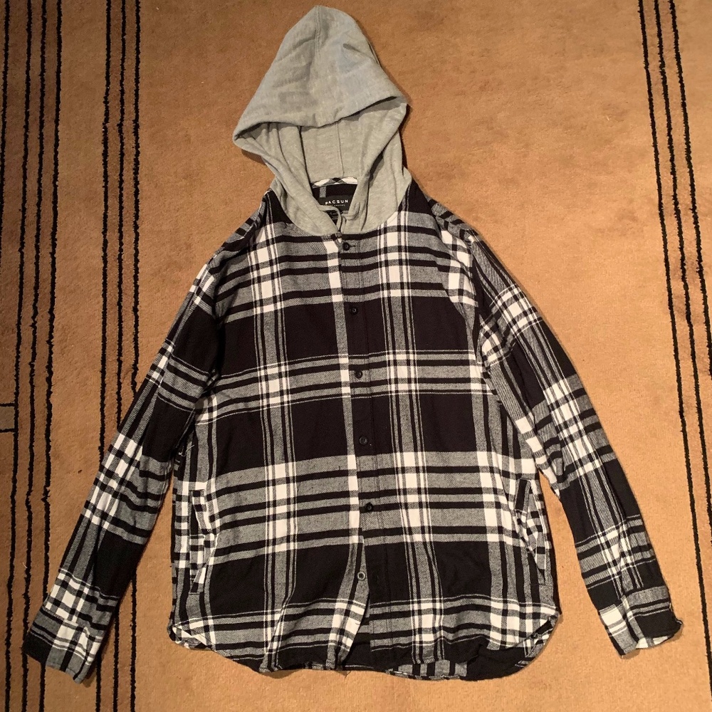 PacSun mens button up plaid sweatshirt with hood